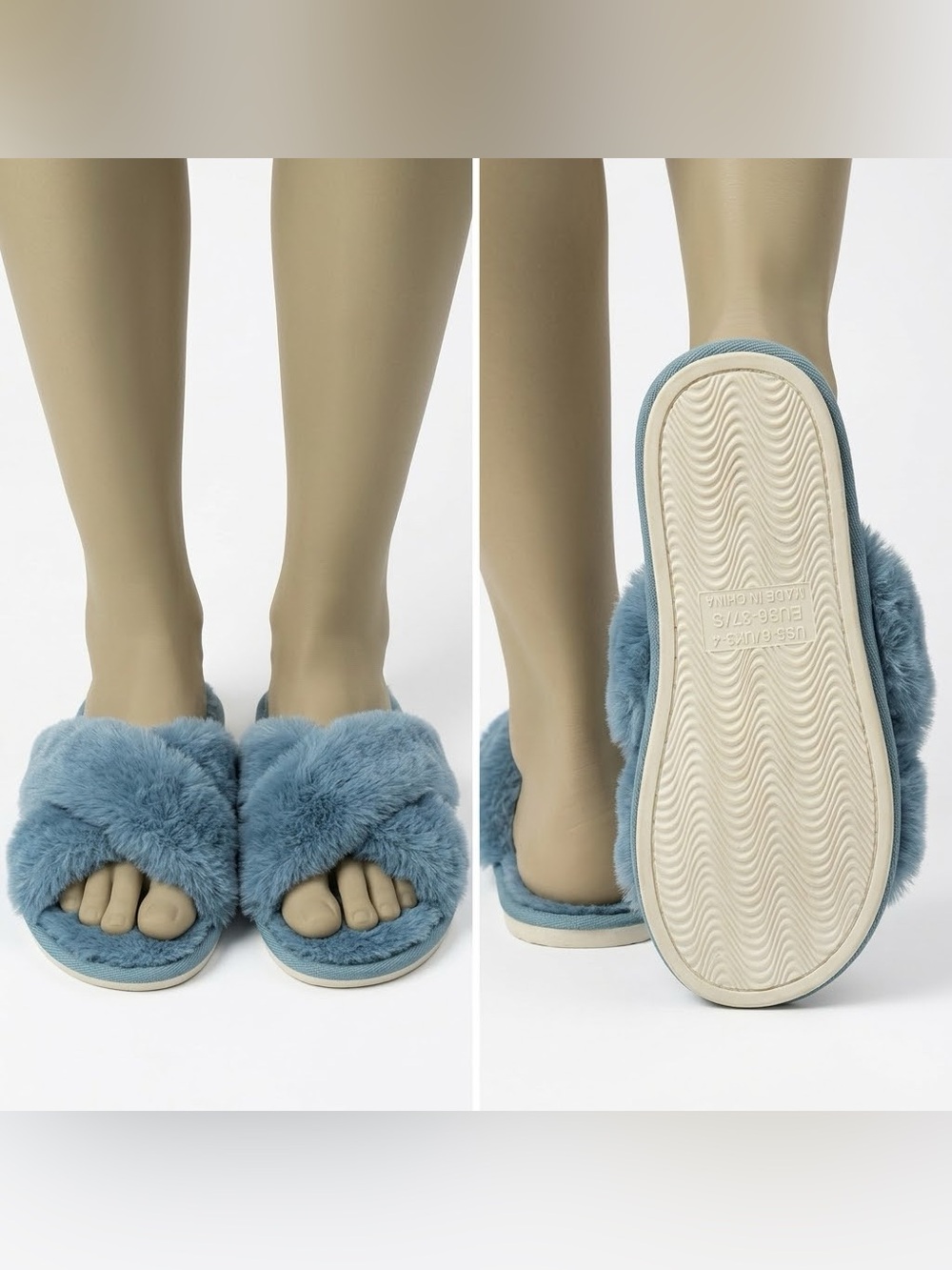 Plush Cross-Band Fur Slide - Blue